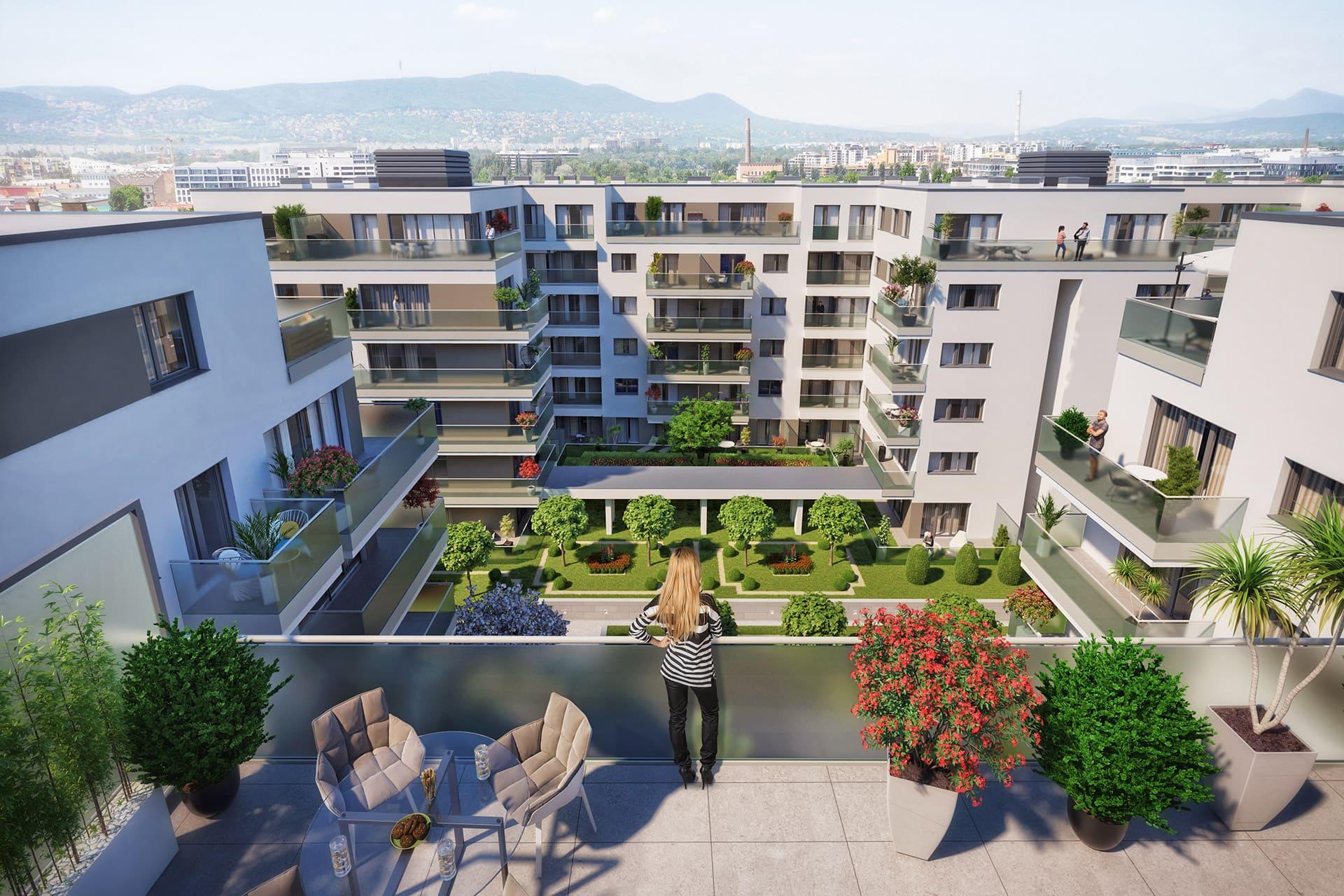Visual design of Le Jardin residental development with a woman looking out in the window