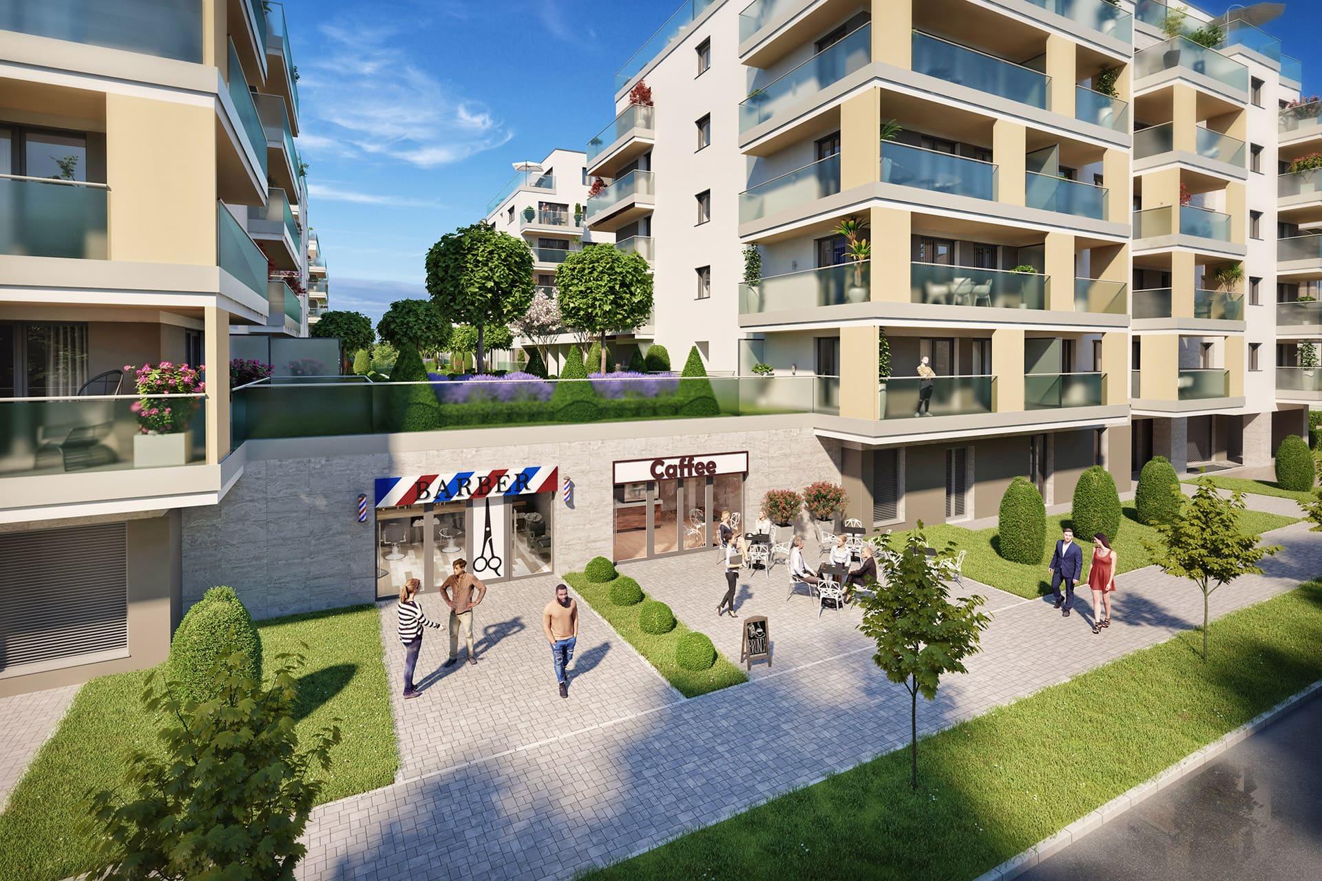 Visual design of Le Jardin residental park's retail stores