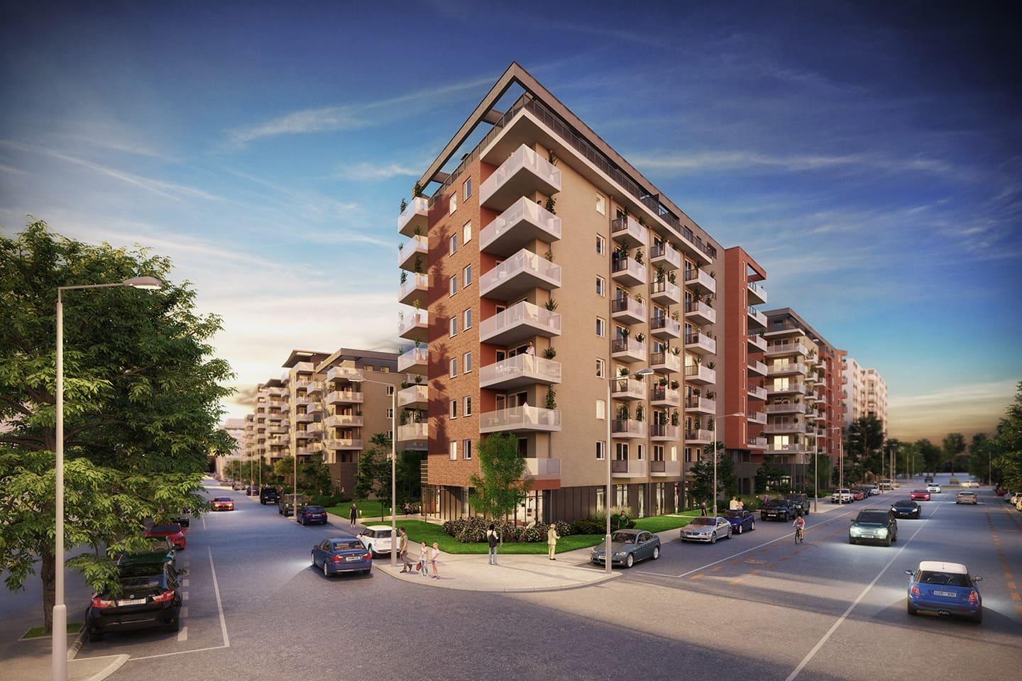 Kassák Terrace residental park's visual design during dawn