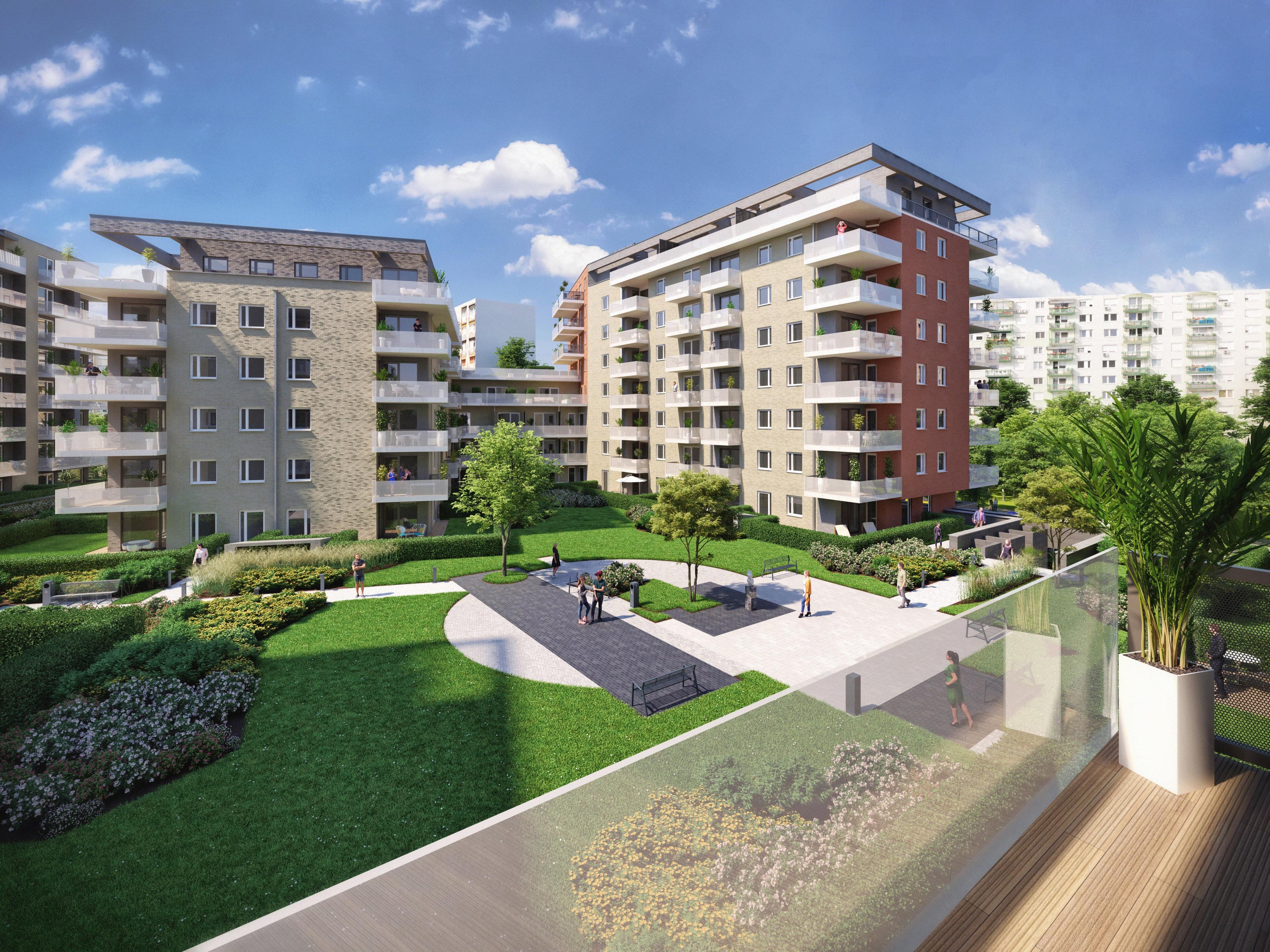 Kassák Terrace lakópark látványterve egy teraszról