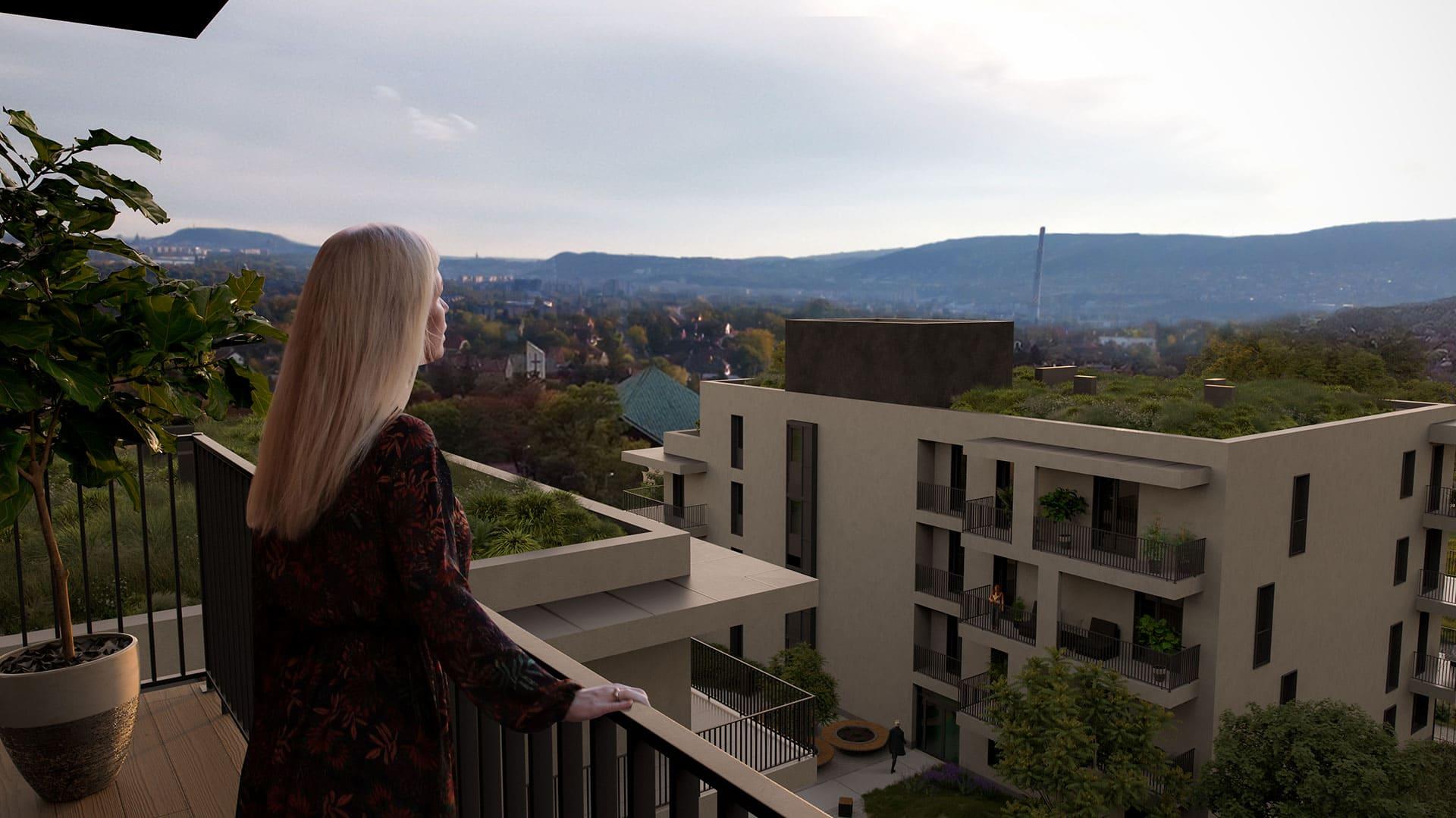 Woman looking out of the terrace 