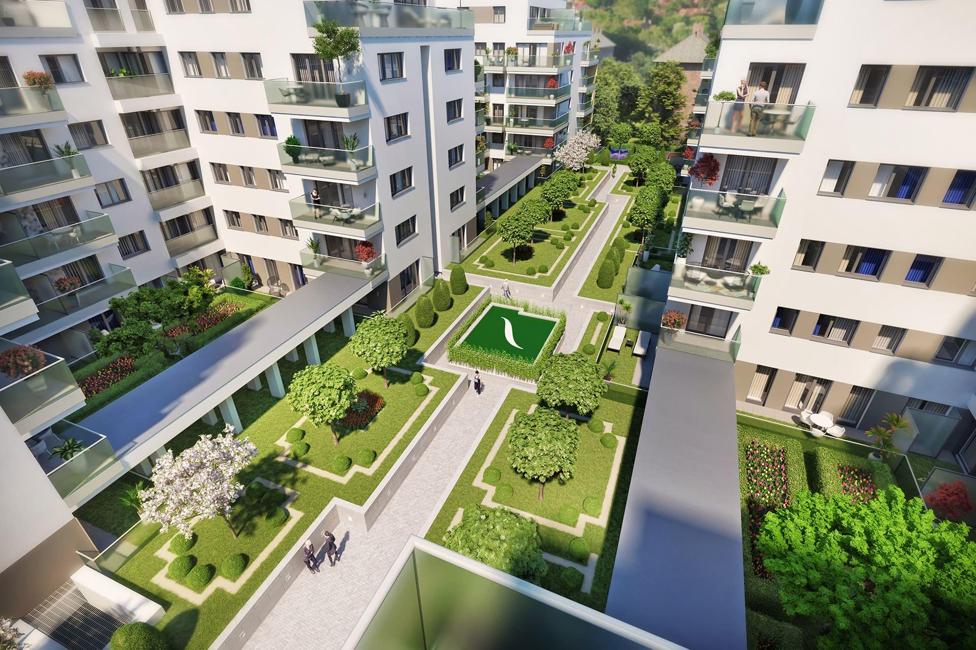 Visual design of Le Jardin residental development's inner park