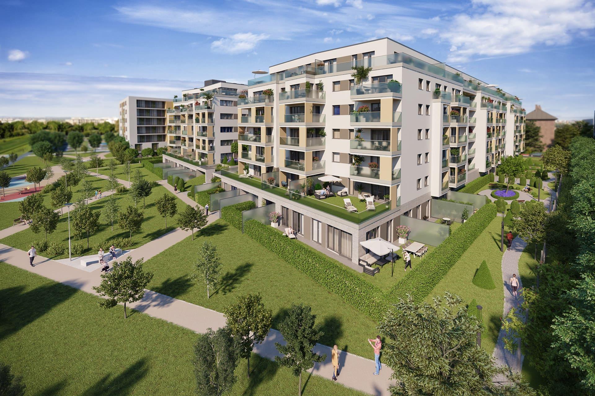 Visual design of Le Jardin residental development in a green area