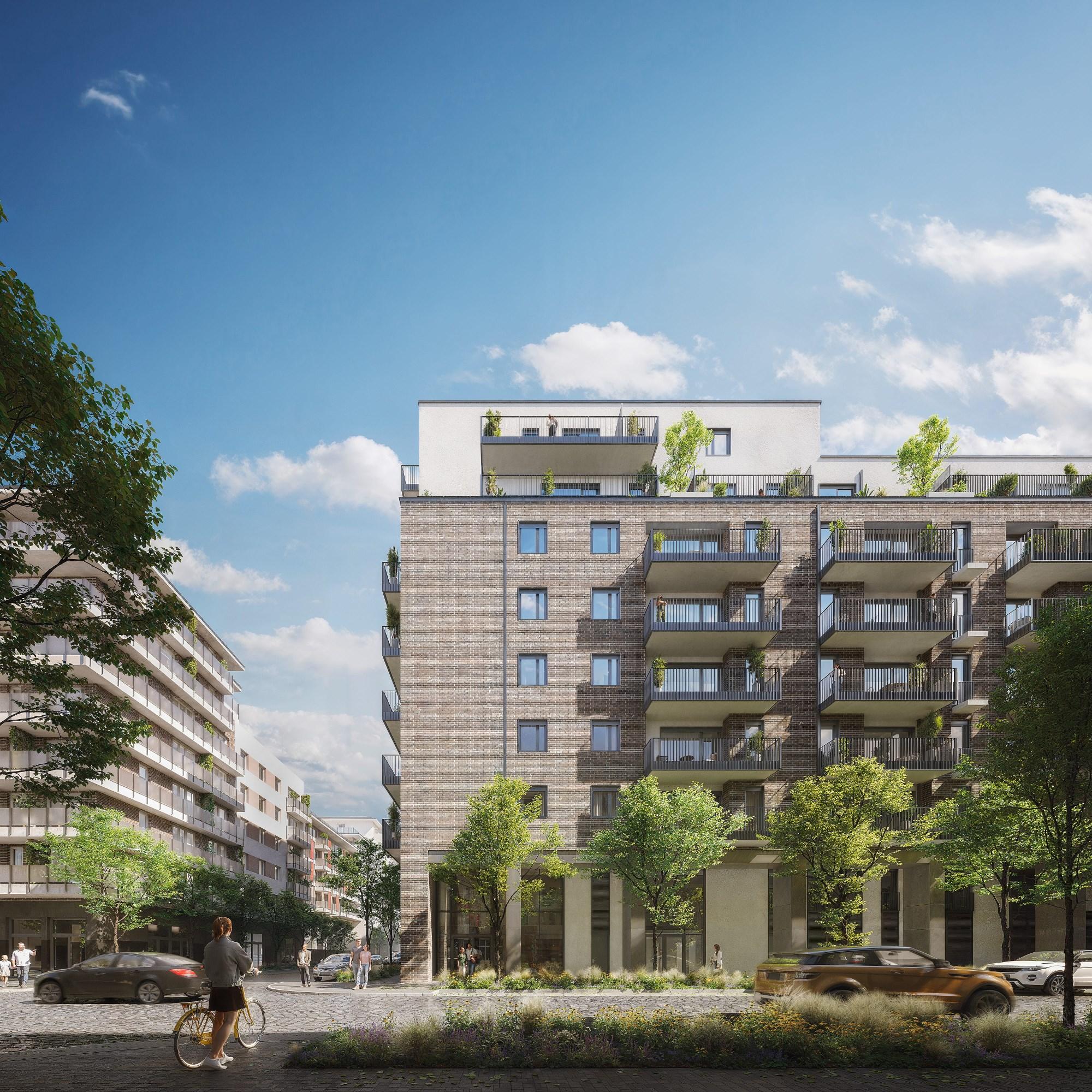 Park West Rise lakópark utcafronti homlokzata