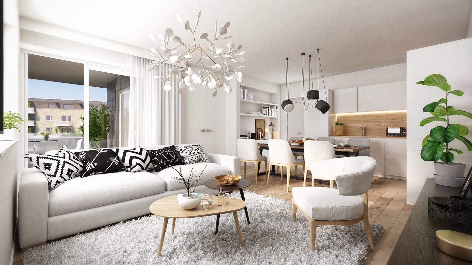 Egyterű nappali és konyha látványterve