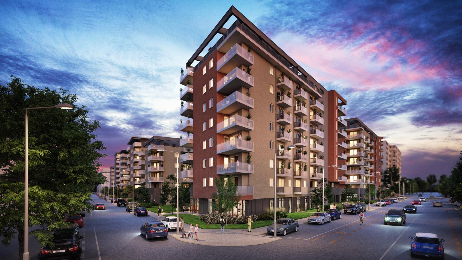 Kassák Terrace lakópark látványterve alkonyatkor