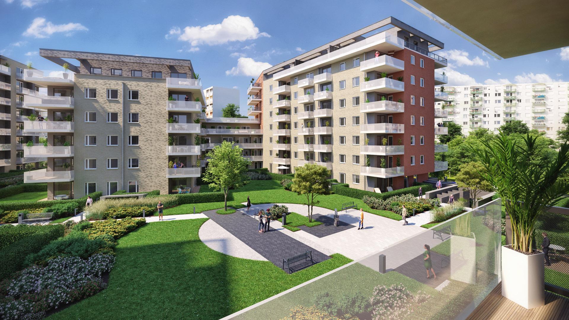 Kassák Terrace lakópark épületei és belső kertje